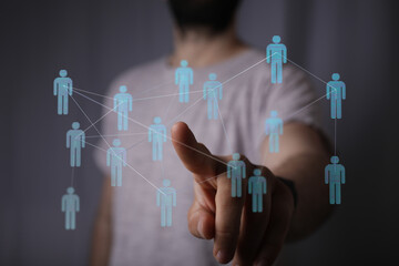 Concept of social network, communication, business technology, connecting people with abstract digital connections. Human interaction.