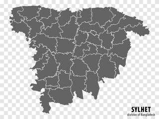 Blank map Sylhet  Division of Bangladesh. High quality map Sylhet  Division with districts on transparent background for your web site design, logo, app, UI.  EPS10.