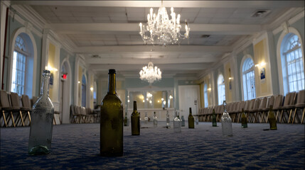 disarranged. An empty grand ballroom in early morning with a lit chandelier and disarranged furniture. real-estate listings.