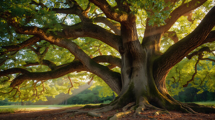 Majestic oak trees are characterized by their grand stature, with sunlight filtering through their branches, casting intricate patterns on the ground, while their robust roots anchor the tree firmly i