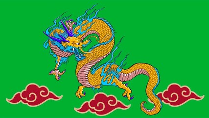 Obraz premium Vibrant Dragon Illustration on Green Background with Red Accents