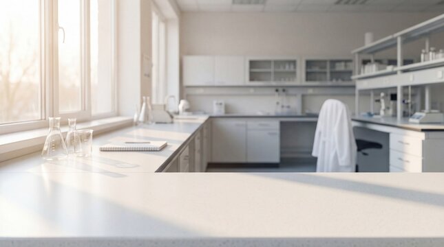 Empty white table top in front of blurred laboratory interior with glassware and window. Bright sterile science background perfect for medical product display or pharmaceutical montage.