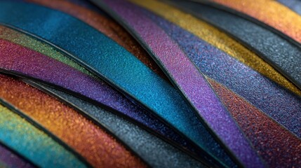 Close up abstract of layered iridescent metallic strips in vibrant colors