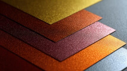 Fototapeta premium A stack of shimmering metallic textured papers in shades of gold orange red and purple
