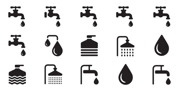 Plumbing and water icons set faucets shower heads drops and soap dispenser vector