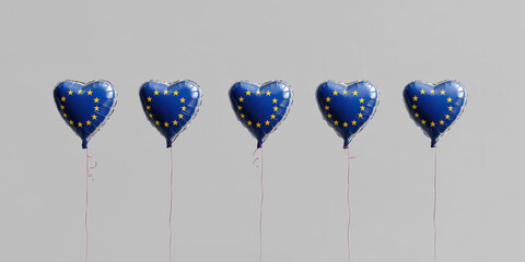 Five heart balloons display European stars aligned against neutral gray background.