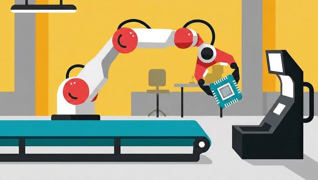 Automated Manufacturing Process - Robot Arm Assembling Electronics.