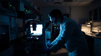A focused male scientist in safety glasses uses a microscope in a dark, blue-lit laboratory, illustrating concepts of medical research, scientific discovery, and biotechnology.