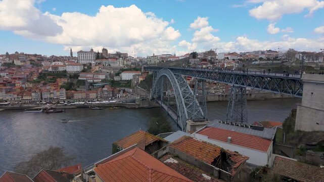 Dom Luis I Bridge arch over Douro River in Porto
Iconic metal bridge structure spanning the river between Porto and Gaia.