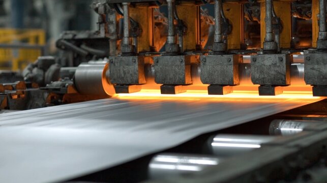 Close up of hot metal sheet passing through industrial rollers in a manufacturing plant