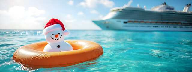 A snowman wearing a Santa hat floats in an inflatable beach ring in the ocean with a cruise ship sailing in the background