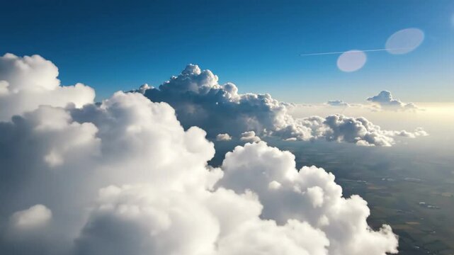 Epic High Altitude View of Cumulus Clouds and a Jet Stream Against a Blue Sky, Aerial Perspective