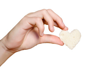 Hand with heart in PNG isolated on transparent background. Heart made of bread. Bread