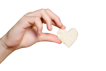 Hand with heart in PNG isolated on transparent background. Heart made of bread. Bread