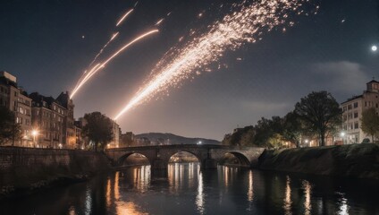 Nighttime Fireworks Display Over a City River with Bridge.