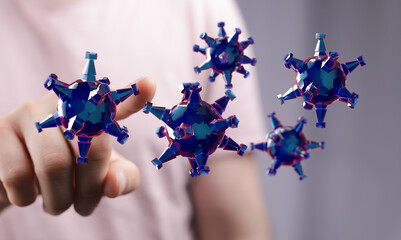 Abstract 3D illustration of viruses near a hand representing concepts of disease control and health. Visualizi