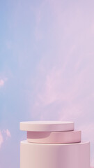 Minimal stacked round podium with pastel sky background