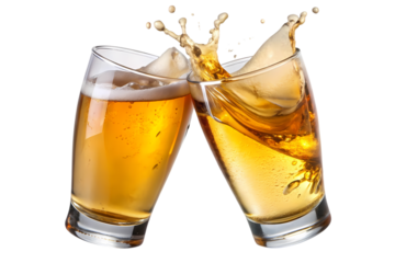 A vibrant toast with two glasses clinking, spilling golden beer and a spirit