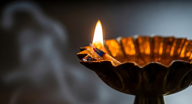 Golden decorative oil candle burning with a bright flame in a dark room, creating a serene and tranquil atmosphere for prayer or mindfulness - Powered by Adobe