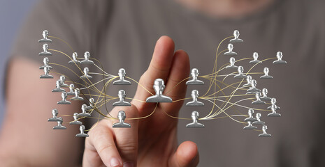 A conceptual image of a human hand touching a digital network diagram representing teamwork, connection, and technology integration. Ideal for b
