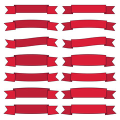 Red ribbon banners set on transparent background. Blank vector scroll collection with bold outlines for sale tags, title headers, certificates, web banners, and promotional labels