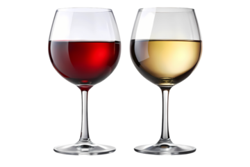 A pair of elegant wine glasses featuring vibrant red and golden white wine against a dark background