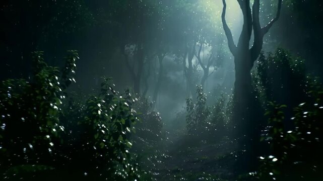 Misty forest landscape with dense trees shrouded in thick fog, creating an eerie and mysterious ambiance.