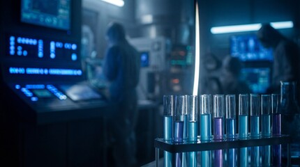 Glass test tubes with blue liquid stand in a rack against a high-tech laboratory where scientists work. Perfect for illustrating medical research, biotechnology, and science.