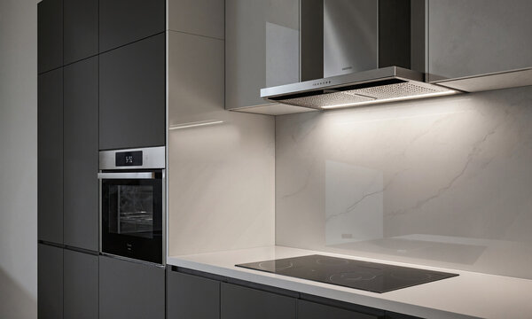 Whisper Kitchen Vent. A ceiling slot hood pulls steam invisibly above a linear cooktop, captured at counter height 50mm. Soft