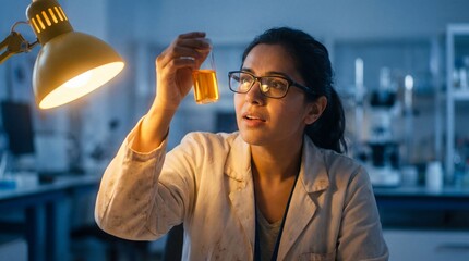 A female researcher in a dirty lab coat holds a vial of orange liquid to a lamp. She examines the chemical sample closely in a dim laboratory suitable for science and medical concepts.