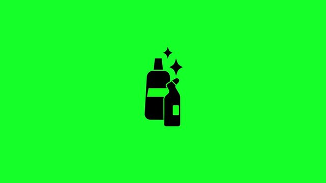 Black icons of cleaning bottles and sparkles on a bright green background spray detergent