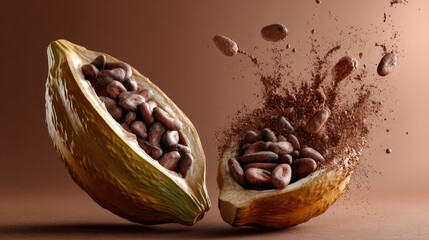 Cocoa pod cocoa bean brown background earthy tone chocolate ingredient explosion powder natural food closeup