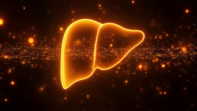 Vibrant digital illustration of the human liver, glowing with radiant orange light amidst sparkling particles, symbolizing advanced medical research, health, and scientific concepts