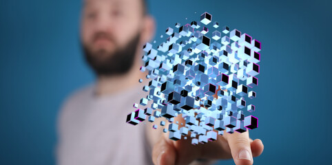 Man touching a digital cube, representing the future, artificial intelligence, innovation, technology, and data