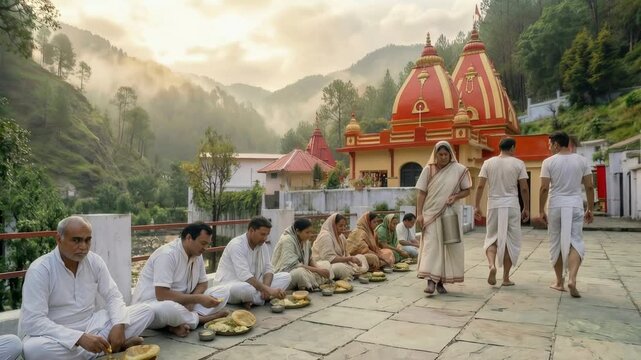 Hindu devotees sit calmly in a temple courtyard of a mountain village, engaged in prayer in a serene spiritual environment.