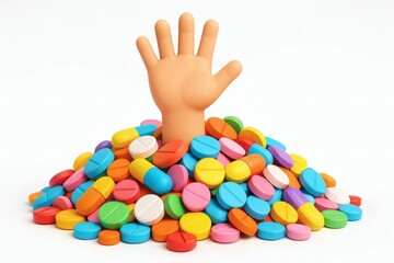 3D Cartoon Hand Reaching Out From a Large Pile of Colorful Pills and Tablets