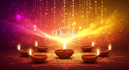 Festive Diwali Celebration Banner Featuring Burning Oil Lamps on Rangoli Pattern with Decorative Purple and Gold Light Sparkles