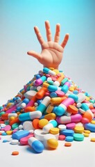 3D Cartoon Hand Reaching Out From a Large Pile of Colorful Pills and Tablets
