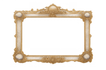 Ornate gold picture frame with baroque rococo details, antique border for elegant design, transparent background