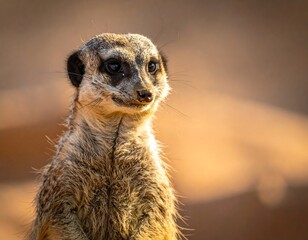 Alert meerkat stands tall, gazing right with curiosity on sun-kissed fur against a blurred golden-brown background
