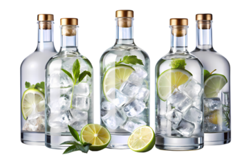 Refreshing collection of clear gin bottles with fresh lime, mint, and ice for a crisp drink