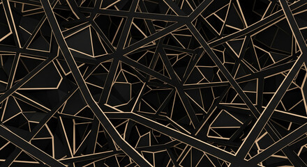 Abstract black and beige geometric texture with intersecting lines and triangular shapes, creating a complex, modern design suitable for background or wallpaper