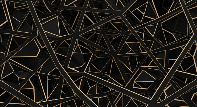 Abstract black and beige geometric texture with intersecting lines and triangular shapes, creating a complex, modern design suitable for background or wallpaper