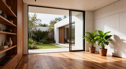 Modern Interior with Large Glass Sliding Door to Garden