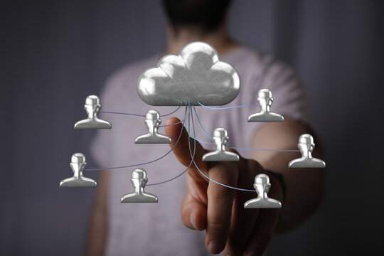Conceptual image of cloud computing and network with person silhouettes. Demonstrates technology, sharing data, - Powered by Adobe