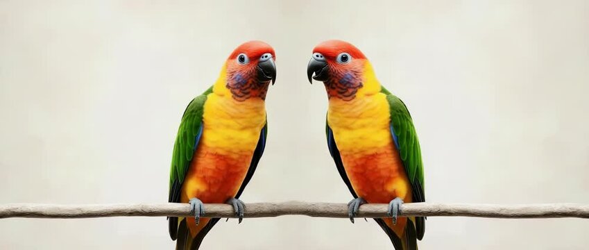 Two Colorful Sun Conures Perched on a Branch Vivid Tropical Birds Exotic Parrot Pair