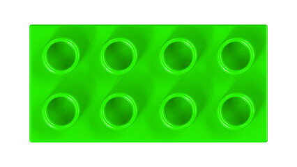 Neon Green Plastic Building Block Isolated on a White Background. Close Up View of a Plastic Children Game Brick for Constructors, Top View. High Quality 3D Rendering with a Work Path. 8K Ultra HD