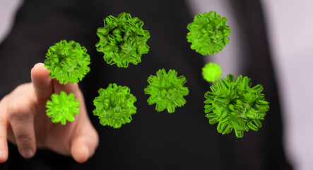 Close up shot of a hand touching viruses or bacteria. Concepts include disease, illness,...