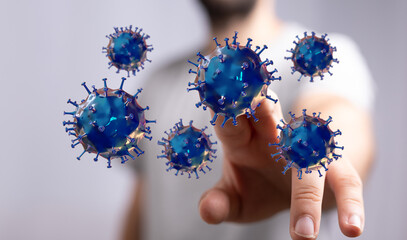 3D render of a hand interacting with virus particles. Concept of healthcare, research, and illness.