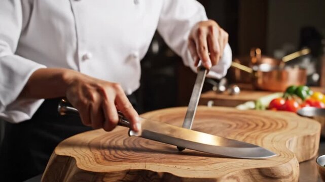 A chef sharpens a knife on a wooden cutting board in a modern kitchen with video